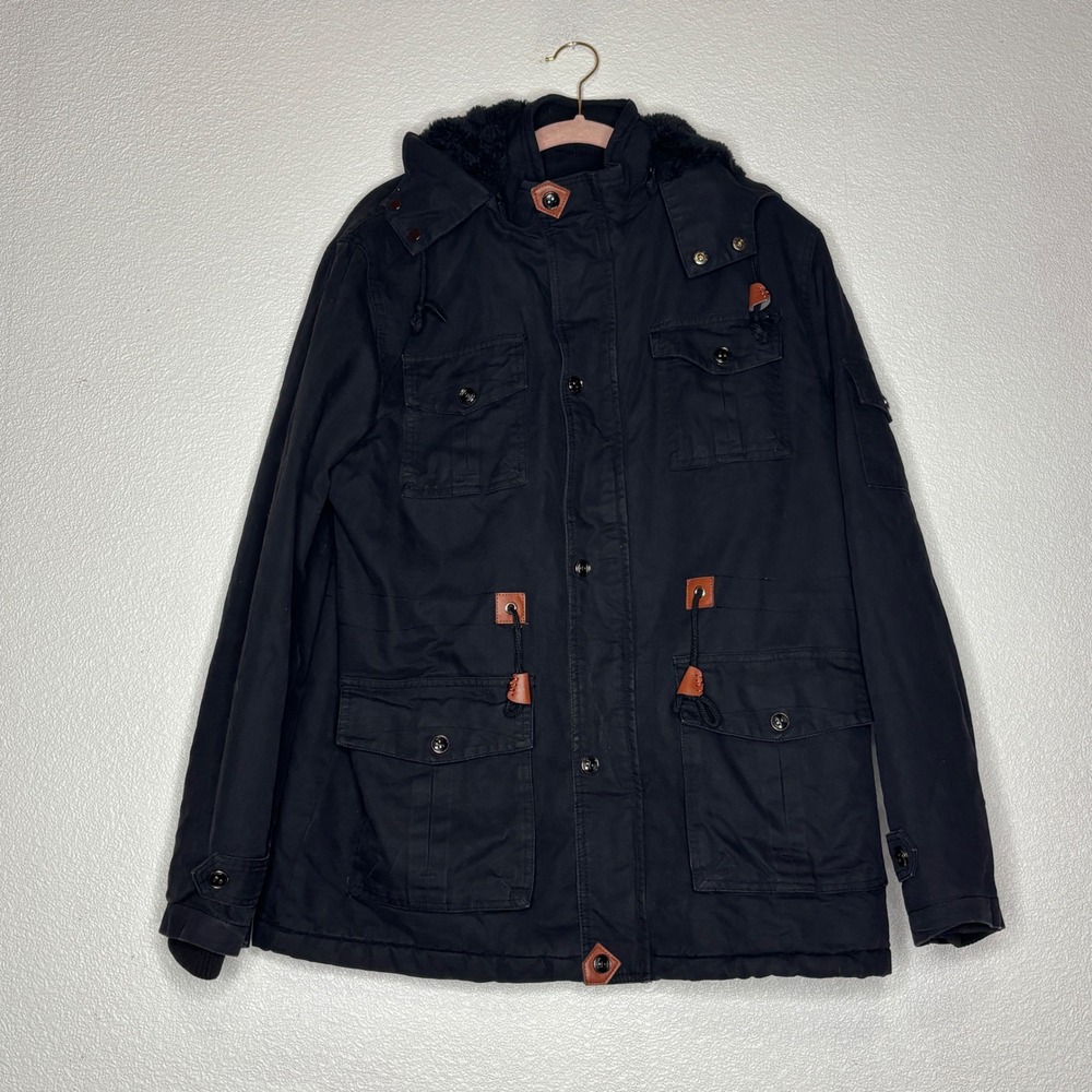 David Outerwear Men's Jacket Lg Survival Cotton Black Military Fleece Lined Hood